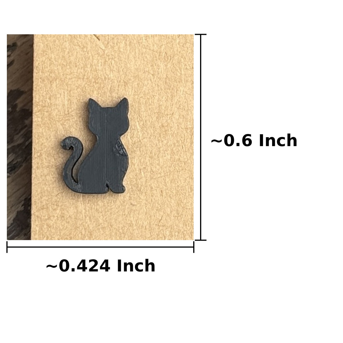Black cat stud earring dimensions, approximately 0.42 inch wide by 0.6 inch tall