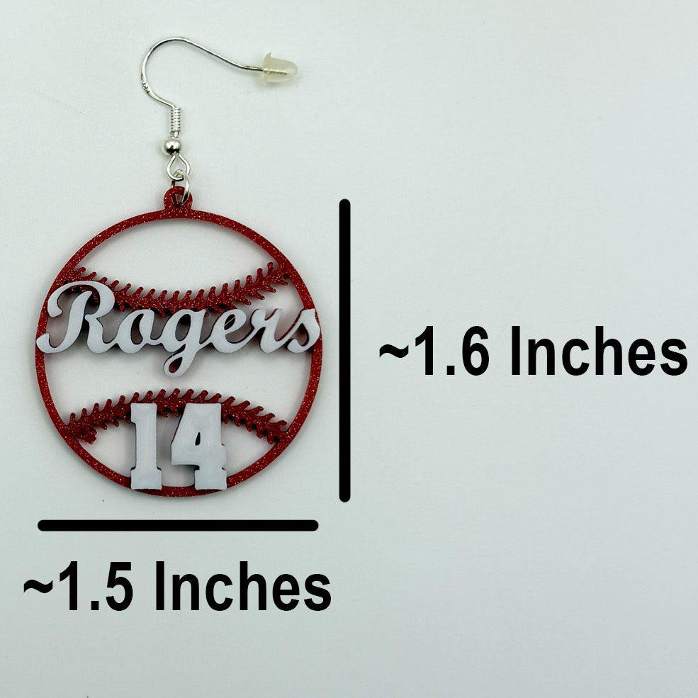 Personalized baseball earring shown with measurements of approximately 1.5 inches wide by 1.6 inches tall, excluding the hook.
