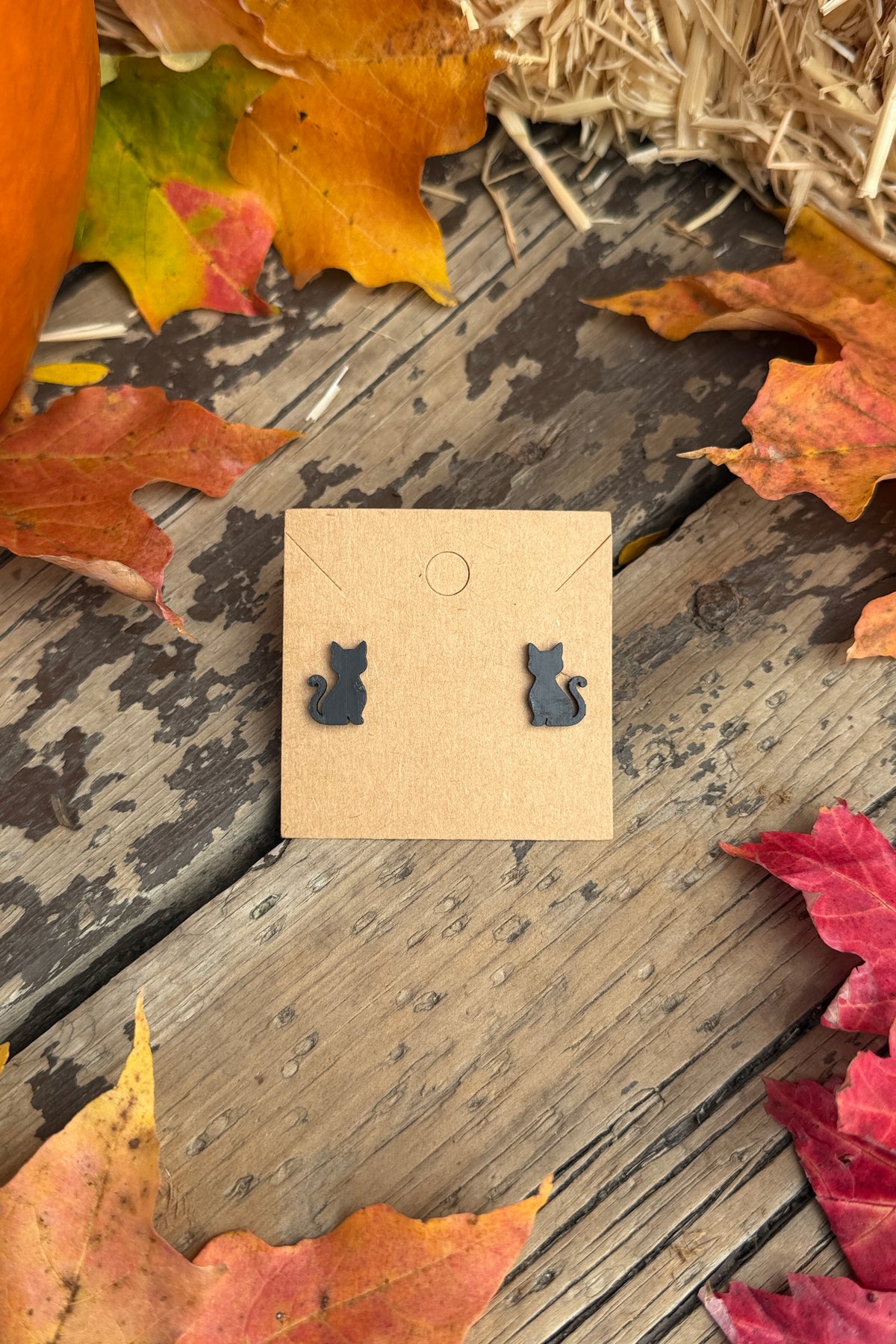 Black cat Halloween stud earrings styled with fall leaves
