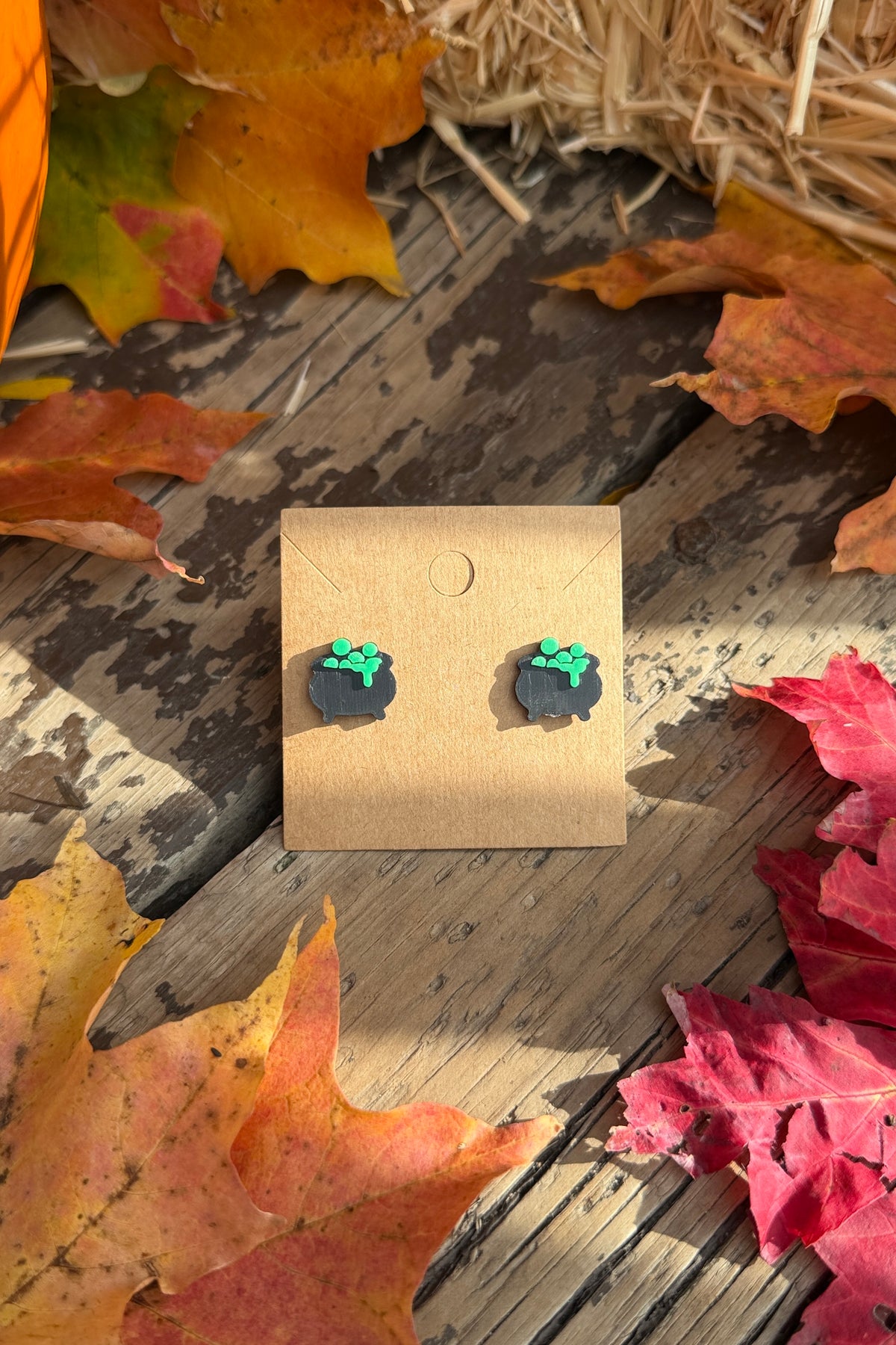 Cauldron Halloween stud earrings styled with fall leaves