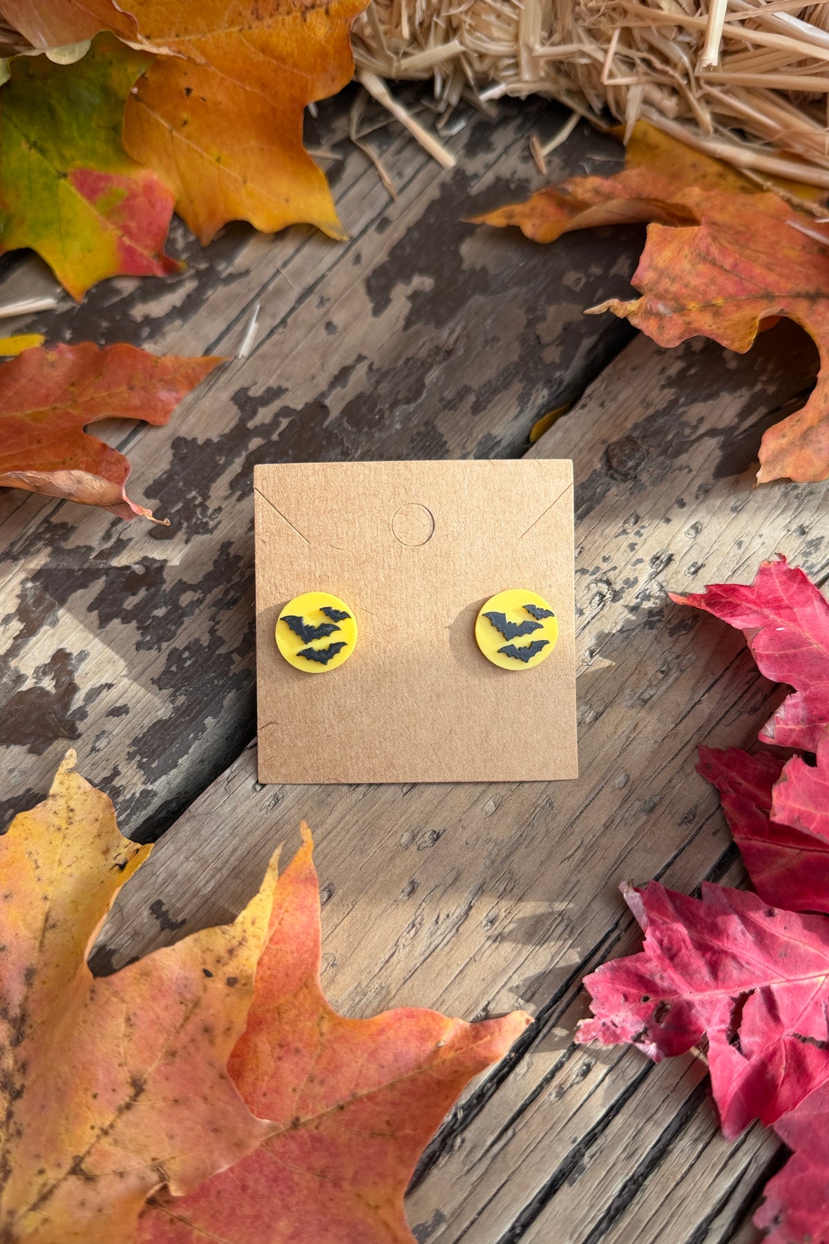 Bat full moon Halloween stud earrings styled with fall leaves