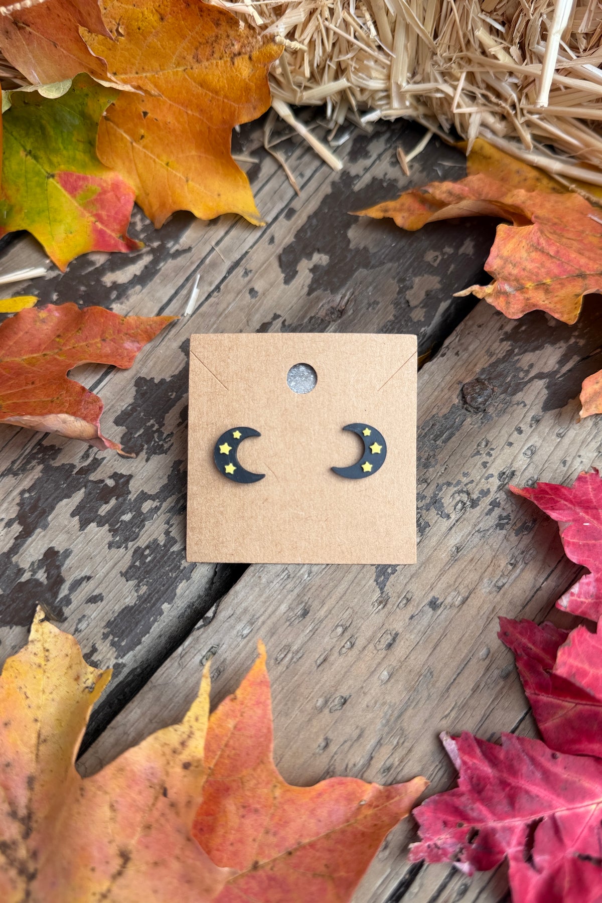 Starry moon Halloween stud earrings styled with fall leaves