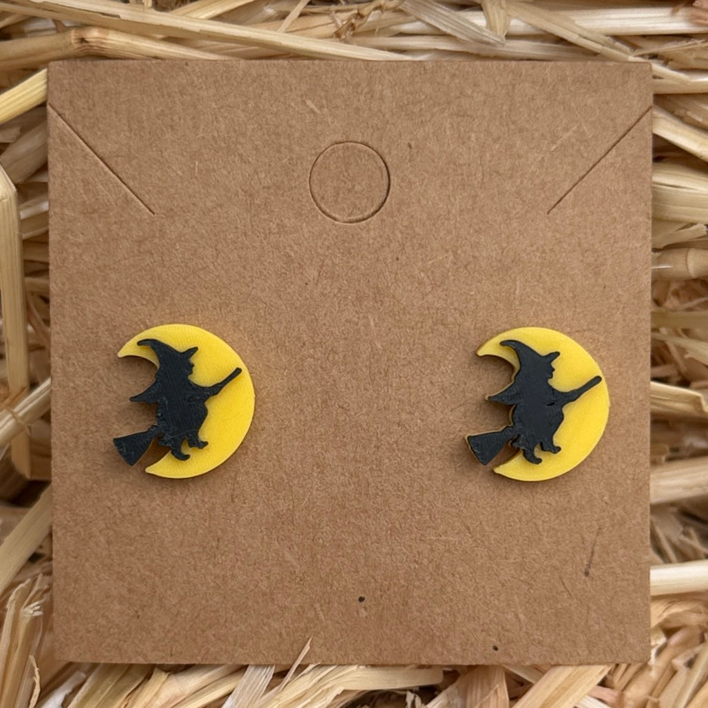 Flying witch moon Halloween stud earrings on kraft card