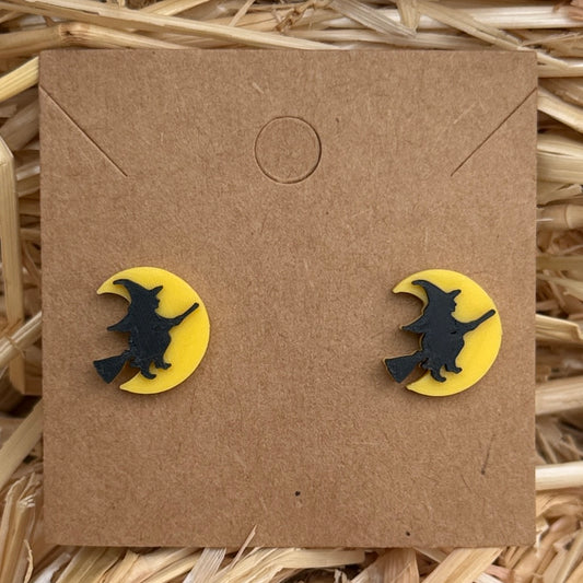 Flying witch moon Halloween stud earrings on kraft card