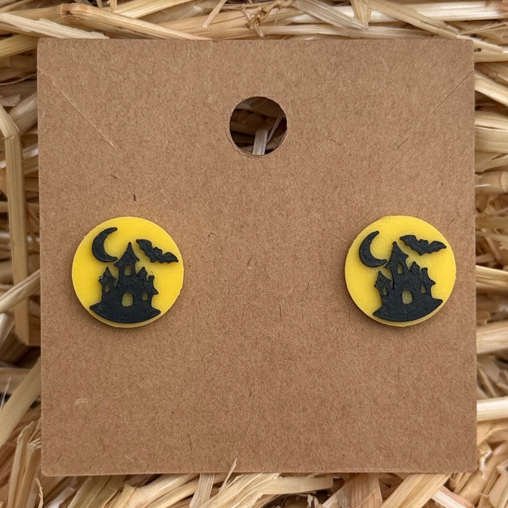 Haunted house Halloween stud earrings on kraft card