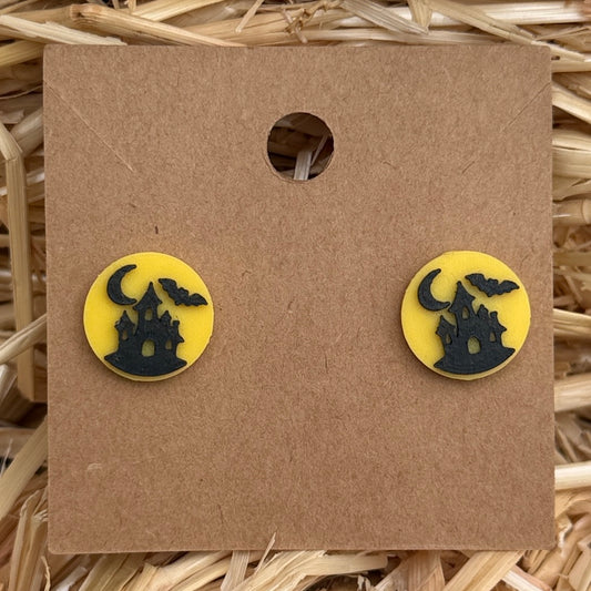 Haunted house Halloween stud earrings on kraft card
