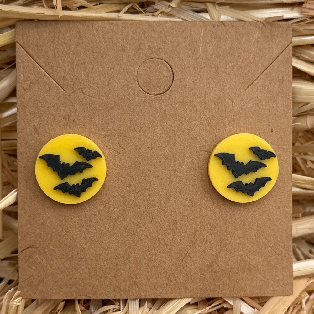 Bat full moon Halloween stud earrings on kraft card