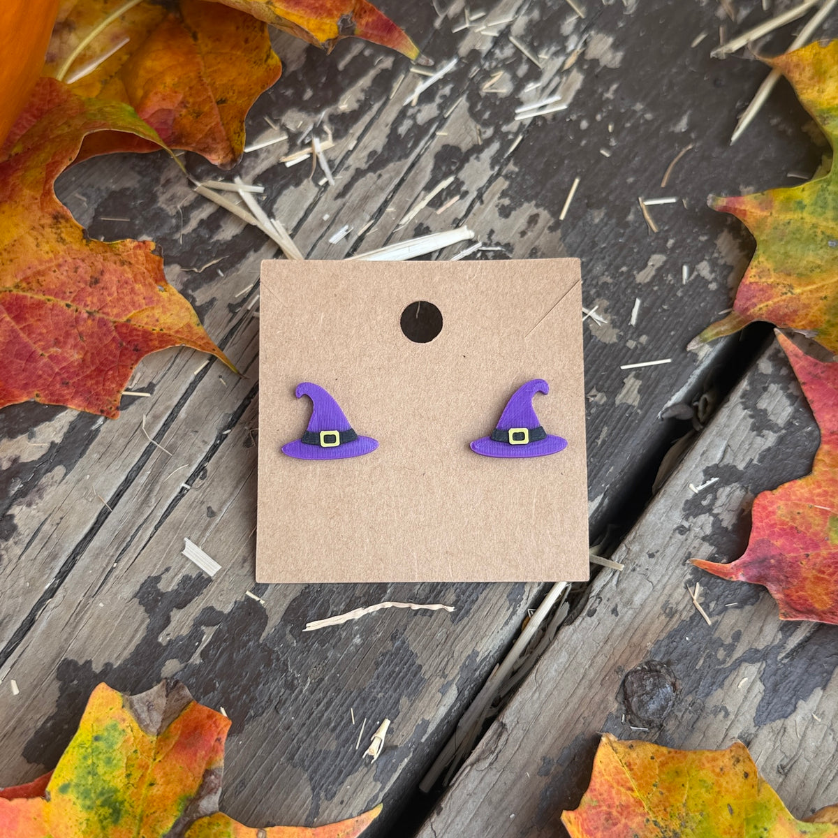 Witch Hat Stud Earrings on kraft earring card