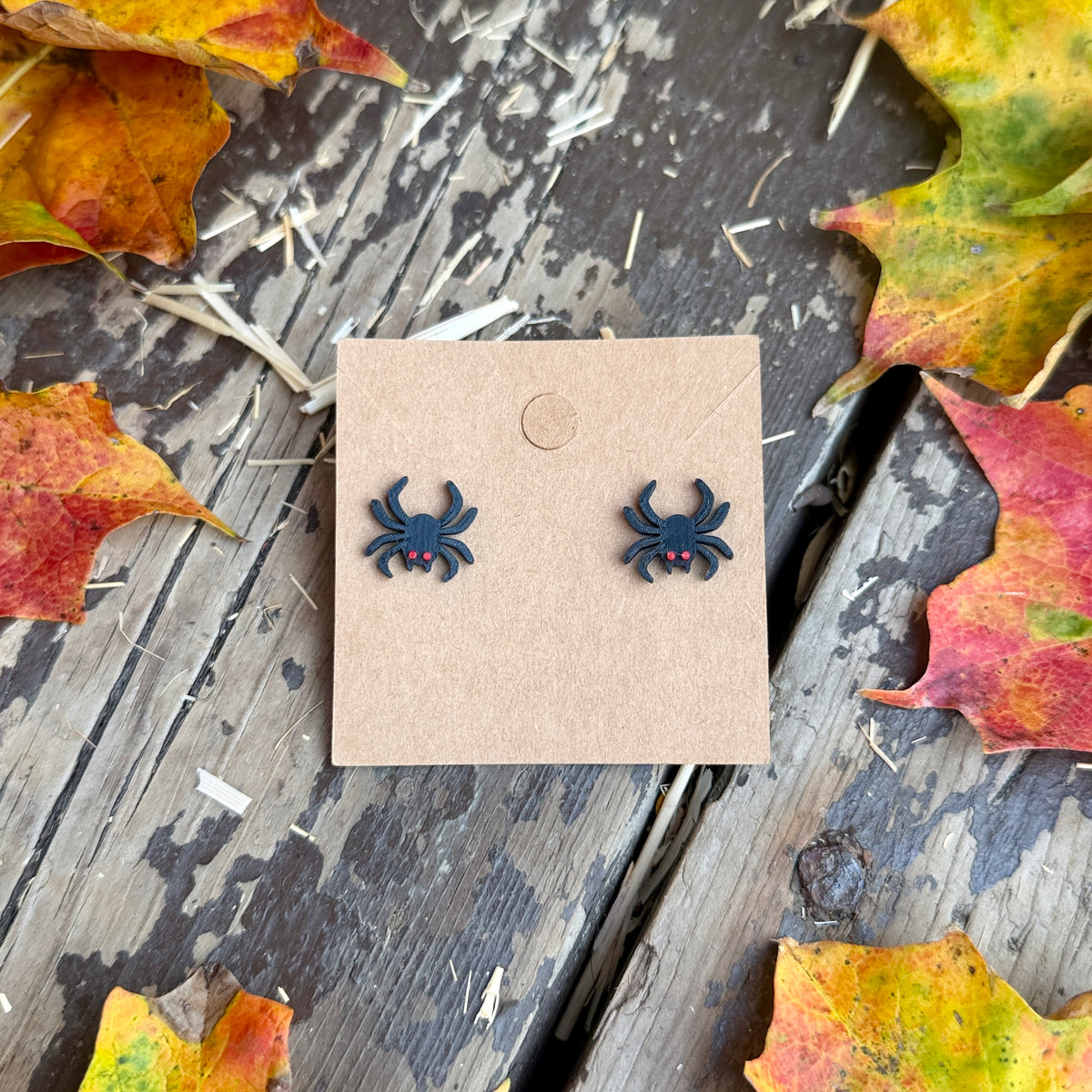 Spider Stud Earrings on kraft earring card
