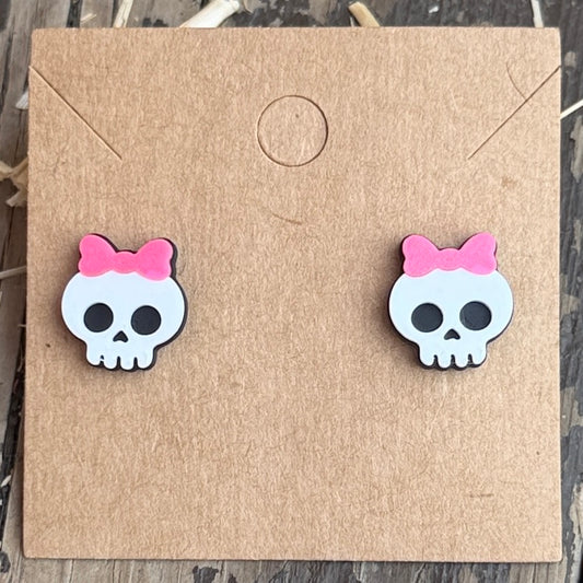 Pink Bow Skull Stud Earrings close-up