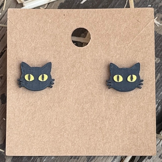 Black Cat Face Stud Earrings close-up
