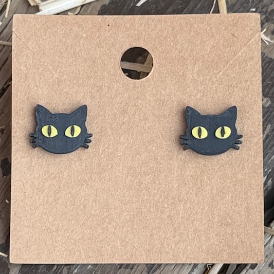 Black Cat Face Stud Earrings close-up