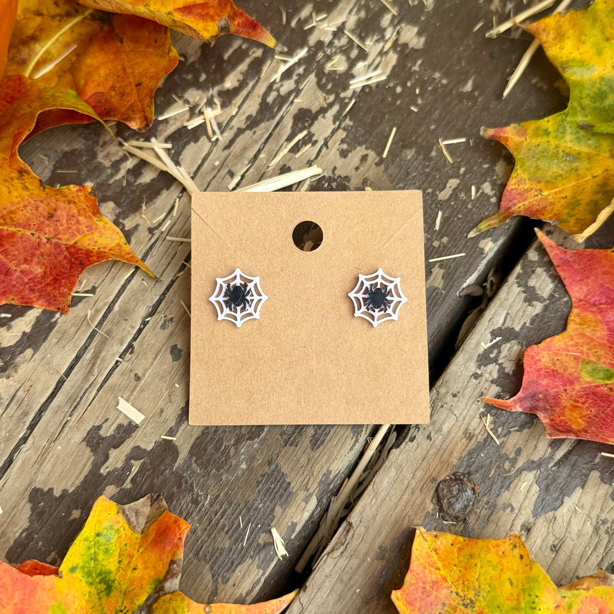 Spiderweb with Spider Stud Earrings on kraft earring card