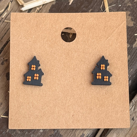 Haunted House Stud Earrings close-up