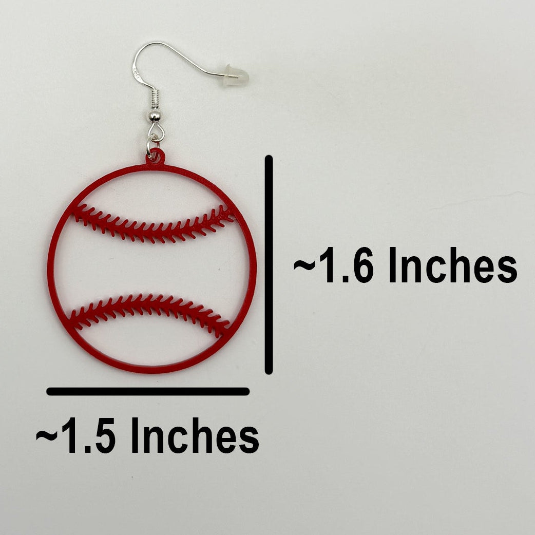 Baseball earring shown with measurements of approximately 1.5 inches wide by 1.6 inches tall, excluding the hook.