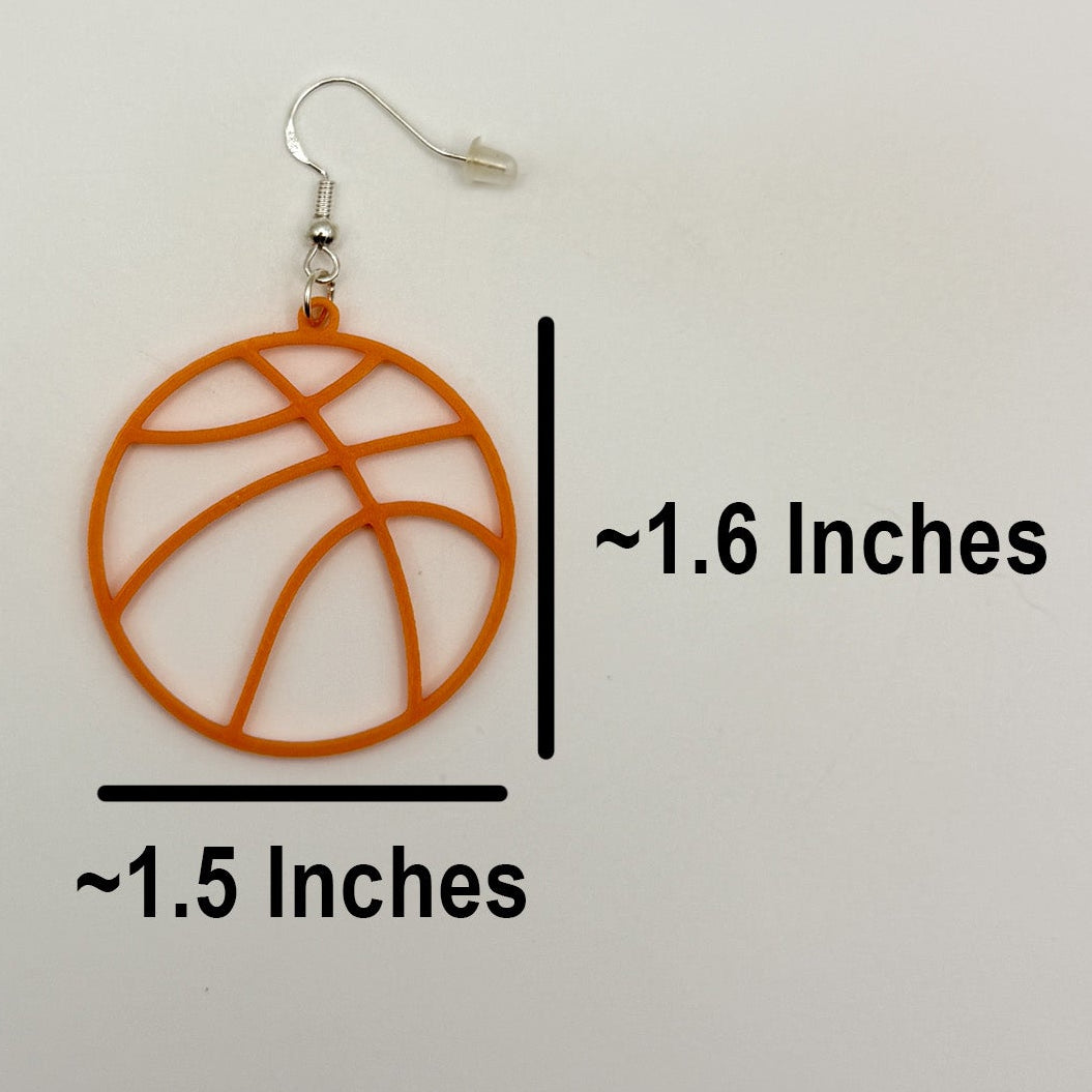 Orange basketball earring shown with measurements of approximately 1.5 inches wide by 1.6 inches tall, excluding the hook.