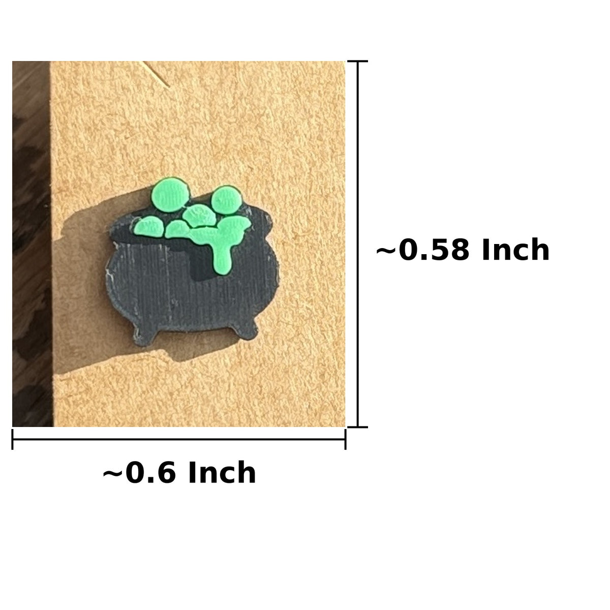 Cauldron stud earring dimensions, approximately 0.6 inch wide by 0.58 inch tall