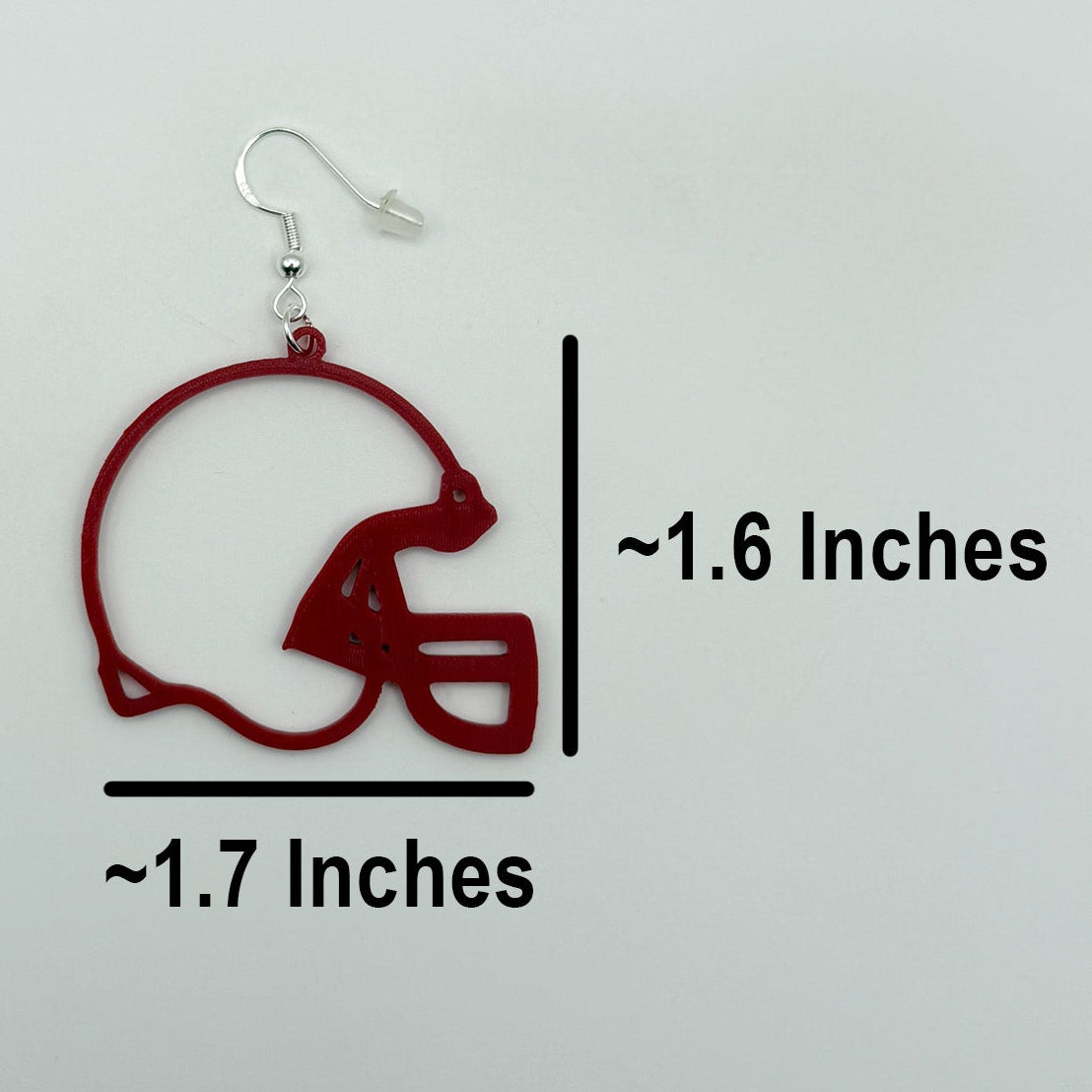Football helmet earring shown with measurements of approximately 1.7 inches wide by 1.6 inches tall, excluding the hook.
