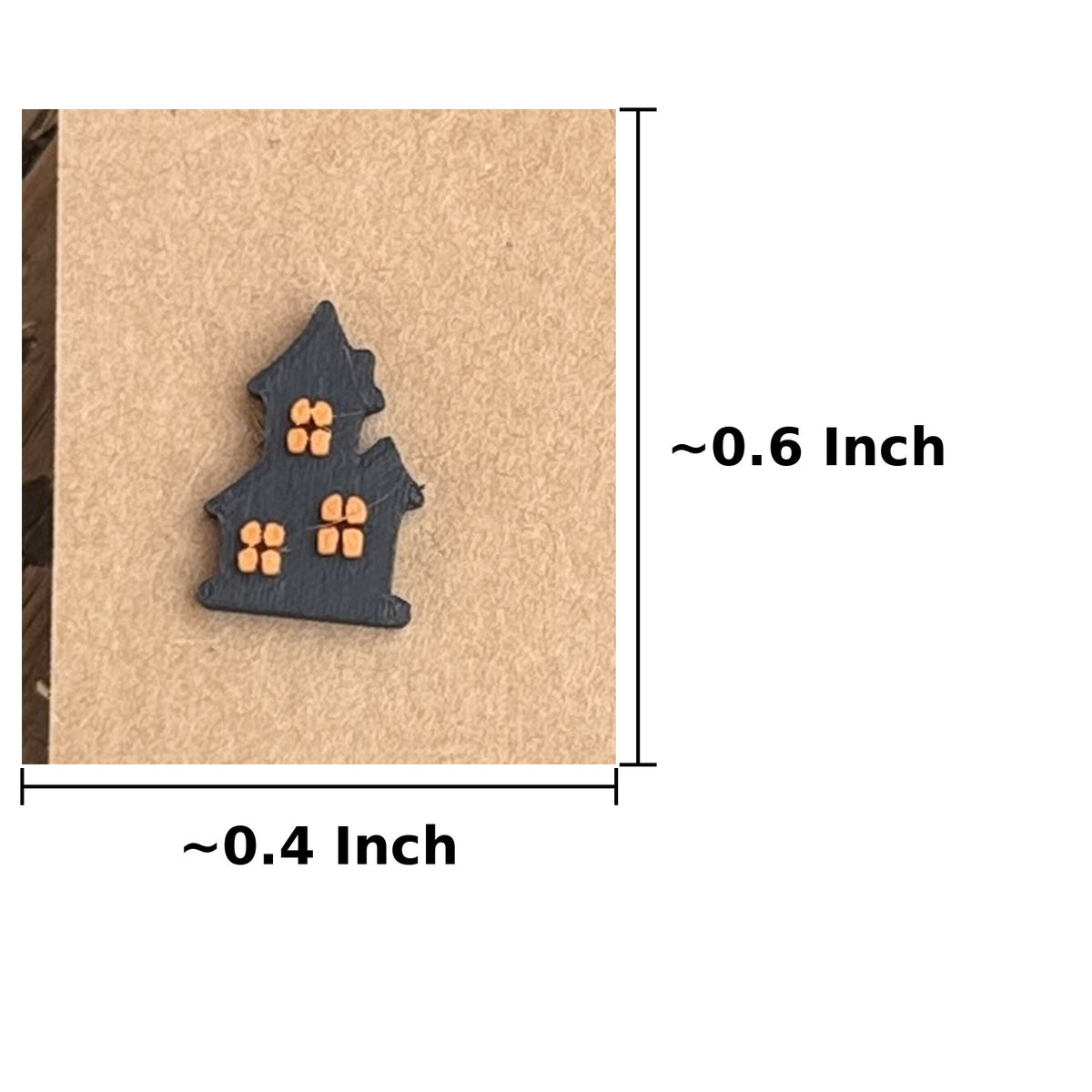 Haunted house stud earring dimensions, approximately 0.4 inch wide by 0.6 inch tall