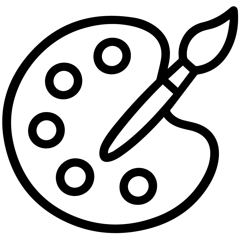 Black outline icon of an artist palette with a paintbrush.