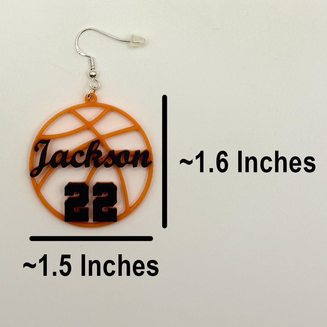 Personalized basketball earring shown with measurements of approximately 1.5 inches wide by 1.6 inches tall, excluding the hook.