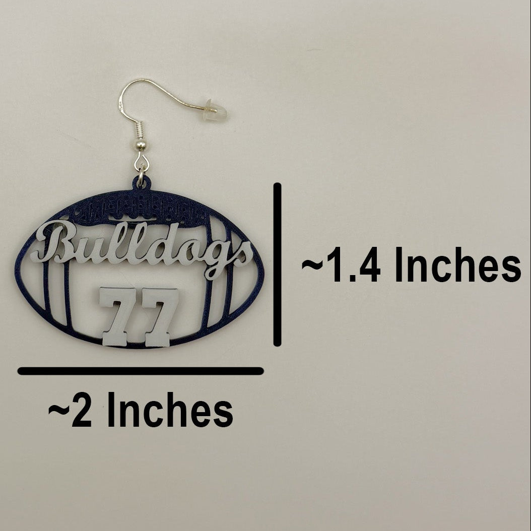 Personalized football earring shown with measurements of approximately 2 inches wide by 1.4 inches tall, excluding the hook.