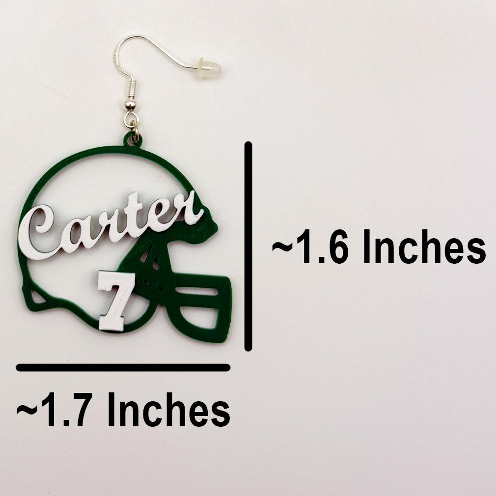 Personalized football helmet earring shown with measurements of approximately 1.7 inches wide by 1.6 inches tall, excluding the hook.