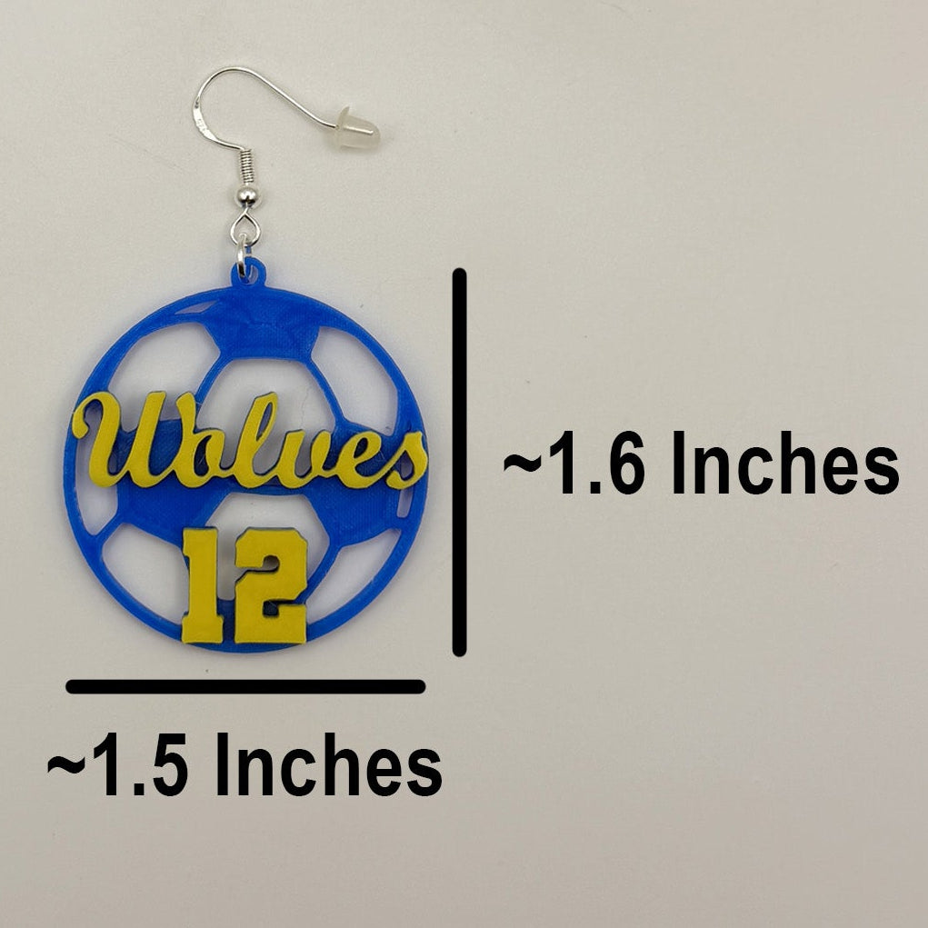 Personalized soccer earring shown with measurements of approximately 1.5 inches wide by 1.6 inches tall, excluding the hook.