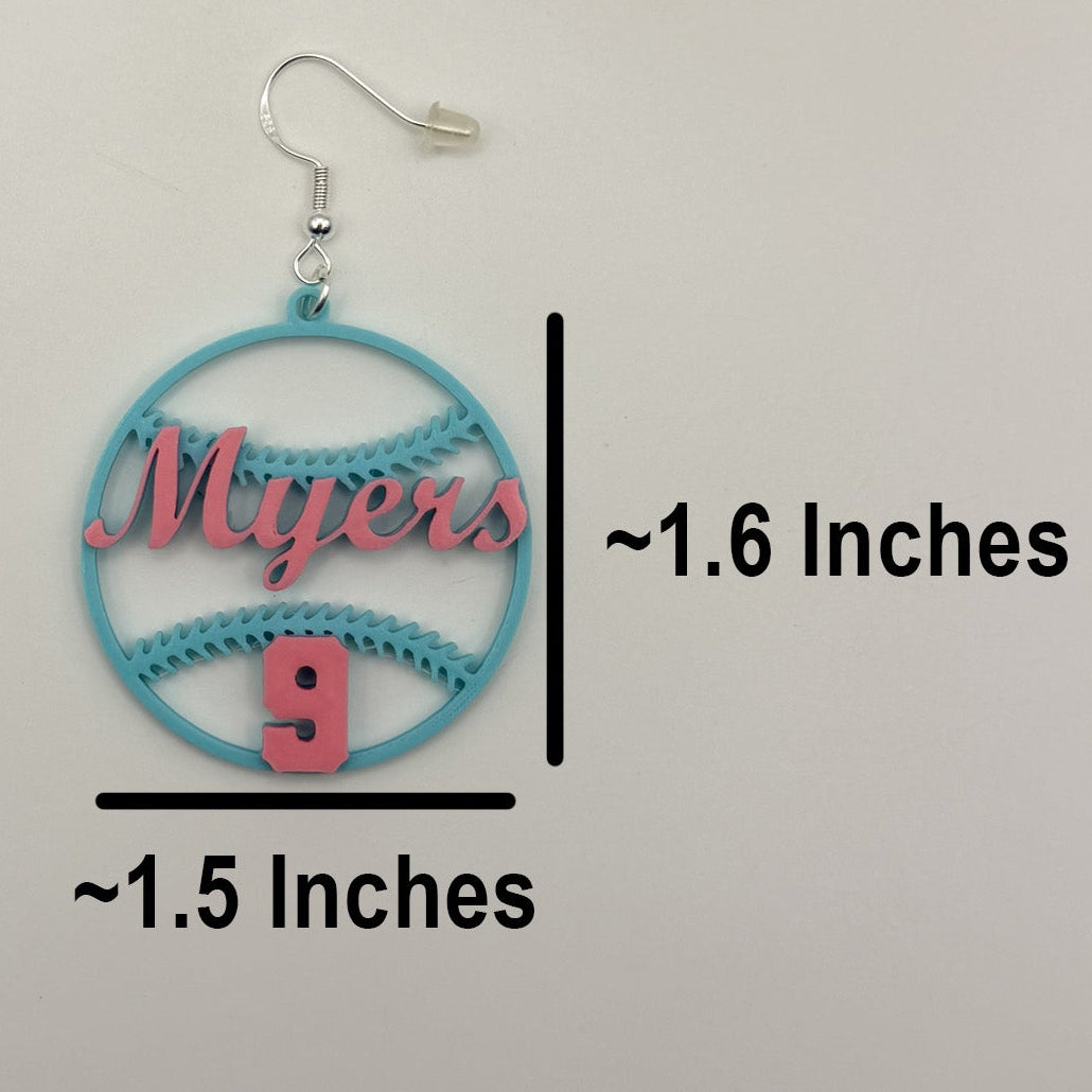 Personalized teal and pink softball earring with Myers and number 9 shown with measurements of approximately 1.5 inches wide by 1.6 inches tall, excluding the hook.