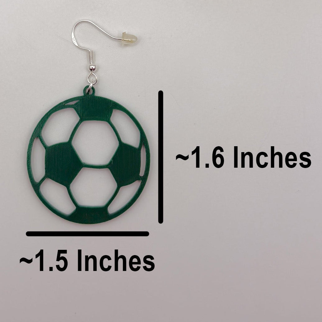 Soccer ball earring shown with measurements of approximately 1.5 inches wide by 1.6 inches tall, excluding the hook.