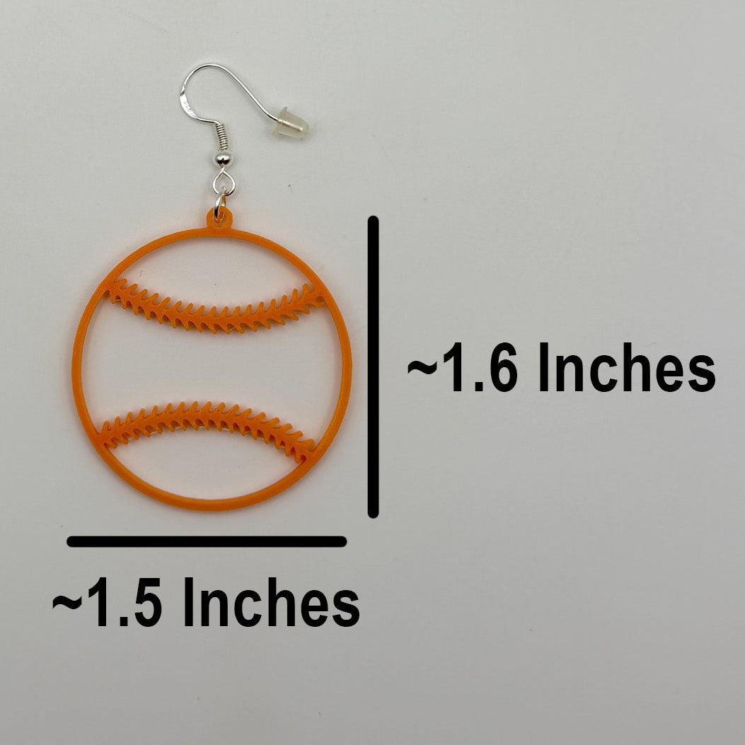 Softball earring shown with measurements of approximately 1.5 inches wide by 1.6 inches tall, excluding the hook.