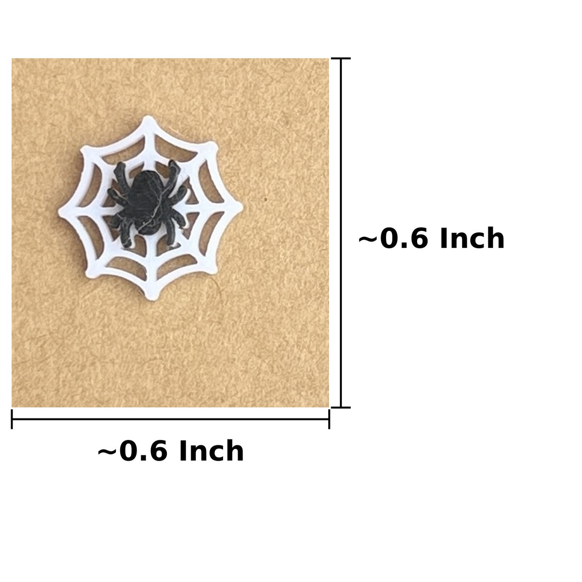 Spiderweb with spider stud earring dimensions, approximately 0.6 inch by 0.6 inch
