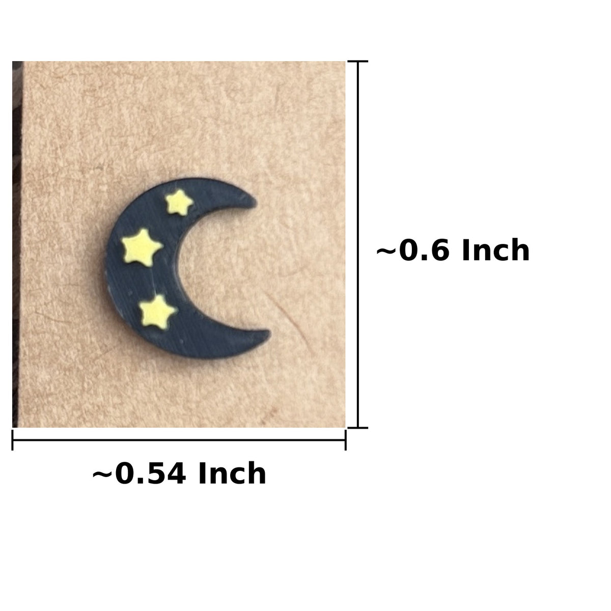 Starry moon stud earring dimensions, approximately 0.54 inch wide by 0.6 inch tall
