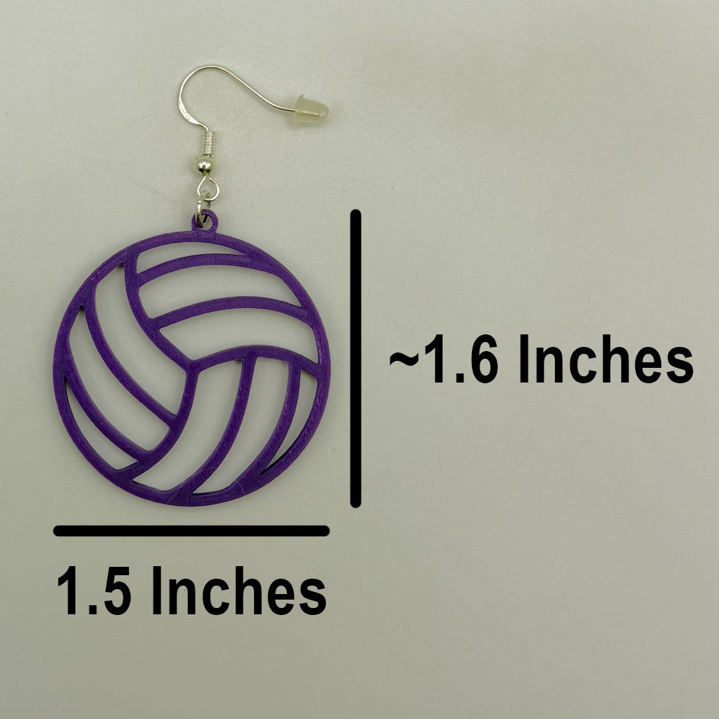 Volleyball earring shown with measurements of approximately 1.5 inches wide by 1.6 inches tall, excluding the hook.